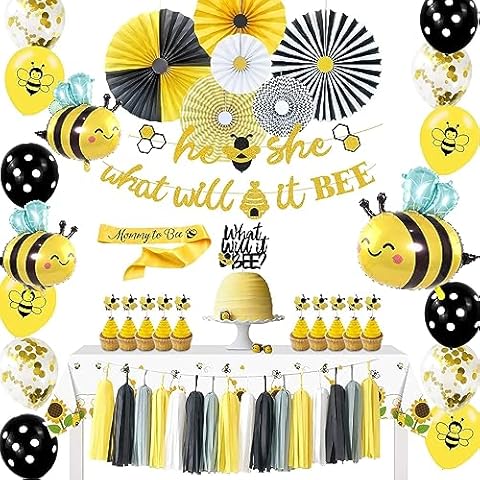 NAIWOXI What Will It Bee Gender Reveal Party Supplies - Bumble Bee Gender Reveal Decorations for Kids Baby Shower, Banner, Table Cloth, Sash, Paper Fans, Cake Topper, Balloons, for Baby Reveal Party Cover