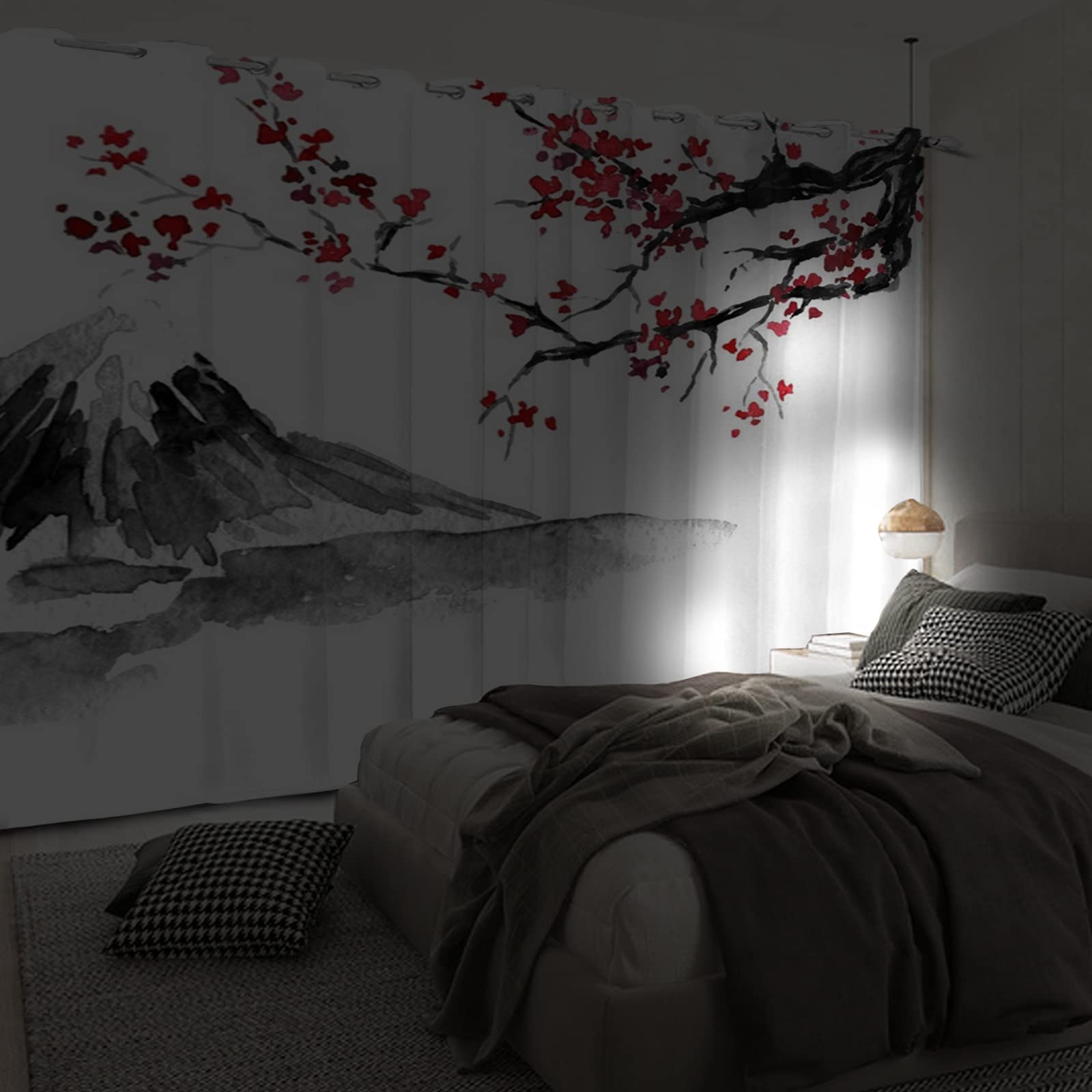 107x160cm Japanisch Tuschemalerei Fenstervorhang Rot Kirsche Blüte Berg Fenstervorhänge Orientalisch Traditionell Blickdichte Vorhänge für Wohnzimmer Verdunkelung Vorhänge, 2 Stücke
