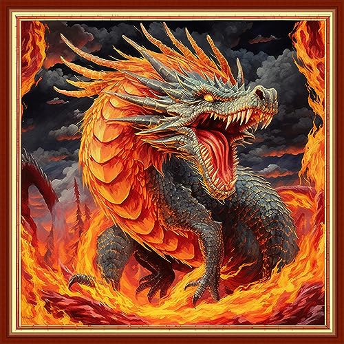 Image of Foxhool Beginners Cross Stitch Kits Stamped Full Range of Embroidery Kits for Adults DIY Cross Stitches kit Embroidery Patterns for Needlepoint kit-Fiery Dragon 17.7x17.7 inch