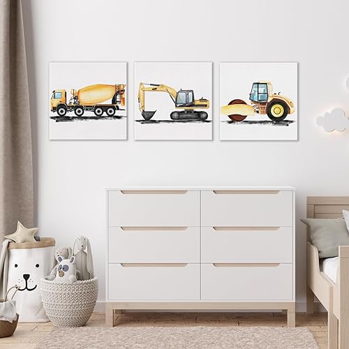 Miniatura 4 de Juego de 3 lienzos artísticos de construcción de vehículos de guardería, pinturas enmarcadas, impresiones de acuarela, camión volquete, tractor,