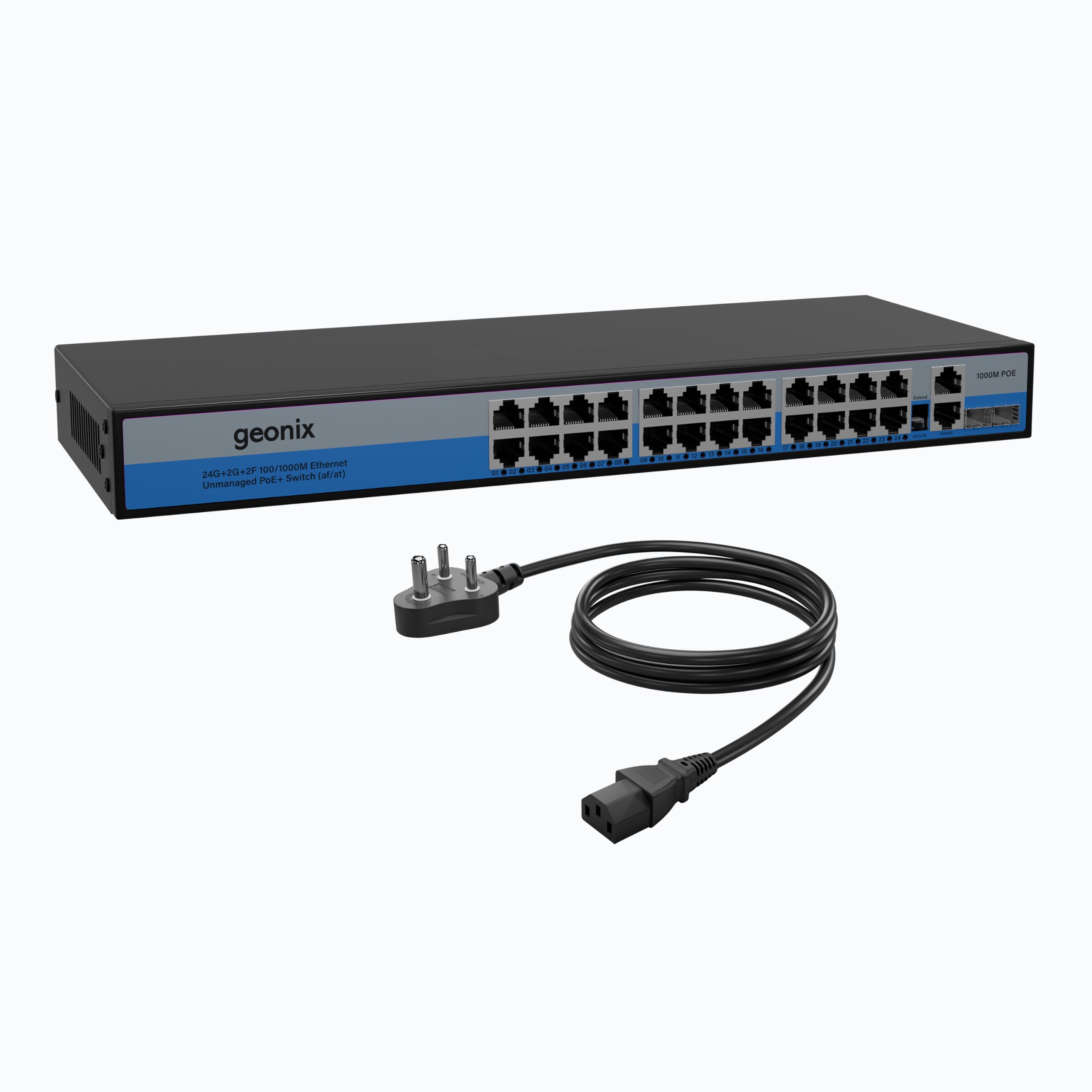 Geonix 24 Port Gigabit PoE Switch with 2 Gigabit Uplink + 2 SFP Slots, 300W PoE Budget, AI Watchdog, Extend Mode 250m, VLAN Isolation, IEEE 802.3af/at, Unmanaged Rackmount Switch for CCTV IP Cameras-image-45