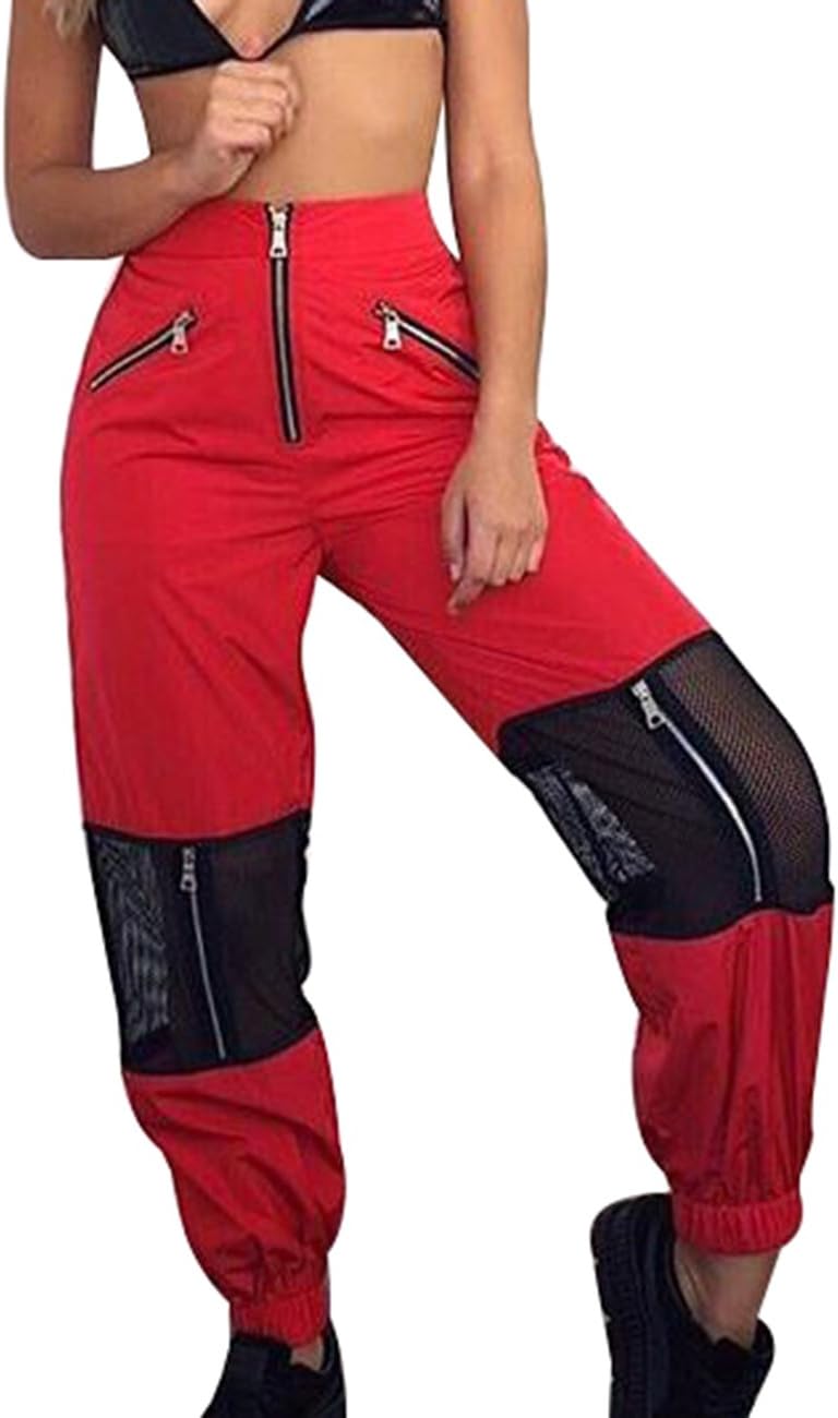 GUOLEZEEVWomen Mesh Stitching Jogger Pants Relax Fit Fashion Hiphop Dance Trouser
