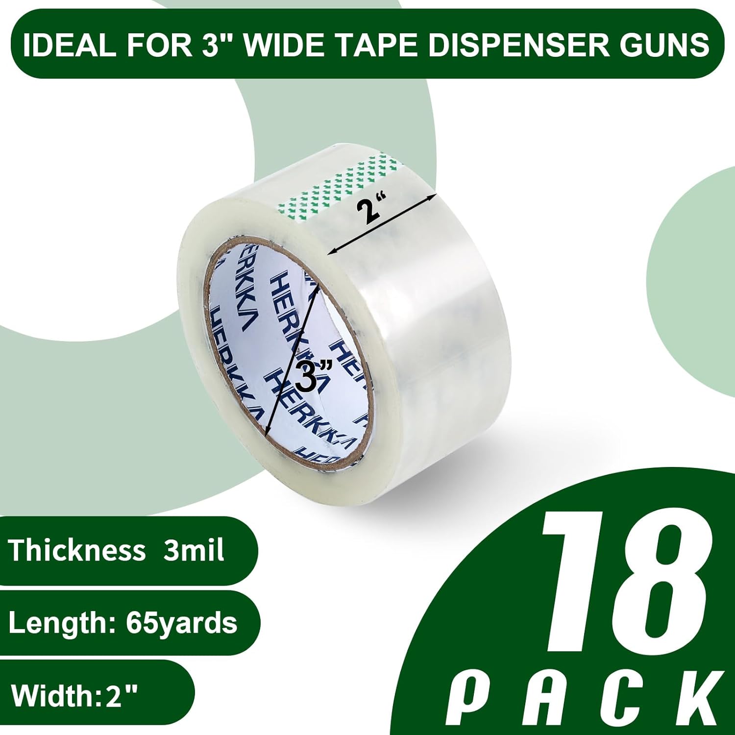 HERKKA Clear Packing Tape, 18 Rolls Heavy Duty Packaging Tape for Shipping Packaging Moving Sealing, 3Mil Thick Clear Packing Tape, 2 inches Wide, 65 Yards Per Roll, 1170 Total Yards