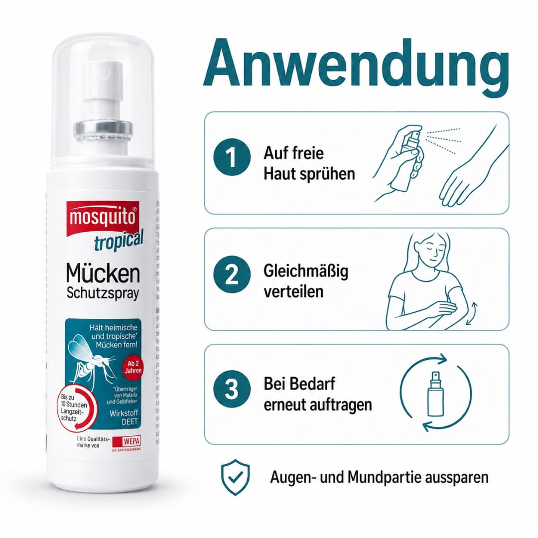 Mosquito tropical Mücken-Schutzspray 100 ml I Insektenschutz mit 50% DEET I für Reise & Outdoor I bis zu 10 h Schutz I für tropische & subtropische Regionen I mit Pharma Perle Duschgel (3, 100ml)
