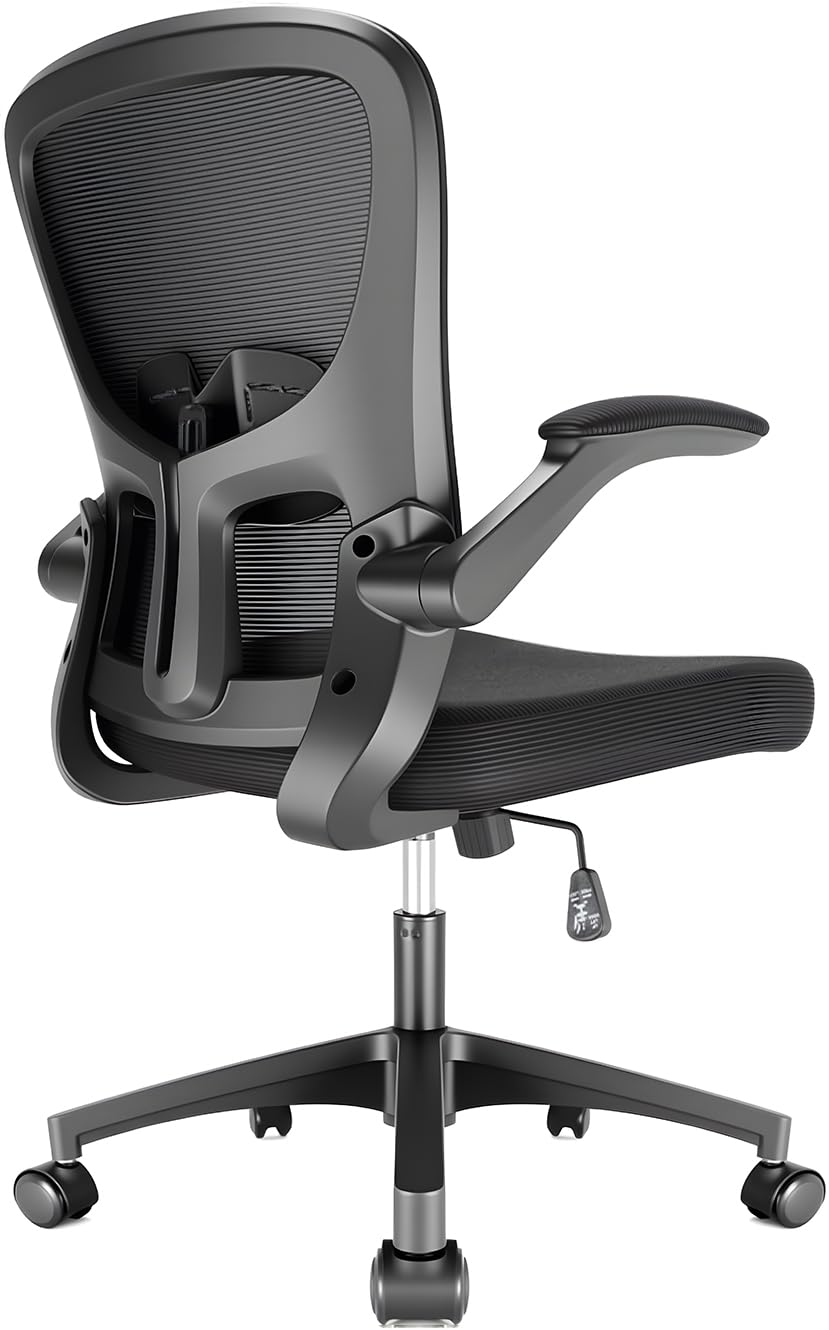 Durrafy Silla de Oficina de Malla con Reposabrazos Abatibles,Silla Giratoria Regulable en Altura,Silla Ergonómica con Apoyo Lumbar Regulable y Ruedas Silenciosas, Ejecutiva,Capacidad 130kg