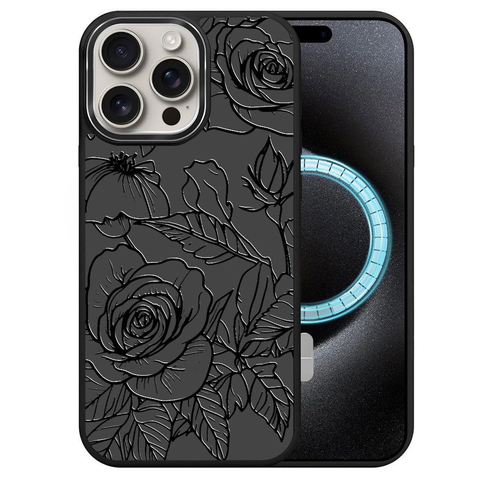 DAIZAG Case for iPhone 16 Pro, [Durable Shockproof Protective Magnetic Cover] [Compatible with MagSafe],Black Floral Flower Aesthetic