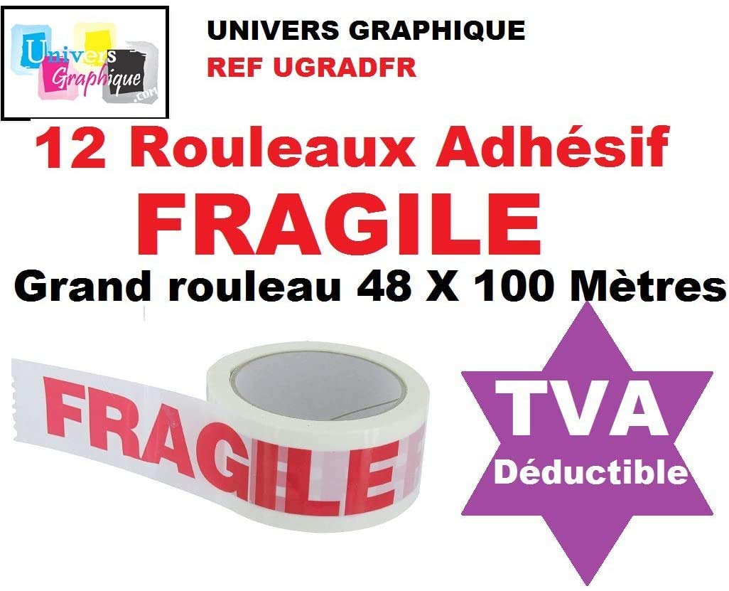 UNIVERS GRAPHIQUE 12 Rouleaux Adhésif FRAGILE - 48 X 100 MÈTRES- (34% de plus que les 66 mètres) ruban adhésif de haute qualité idéal pour carton, emballage, expédition marque référence UGRADFR
