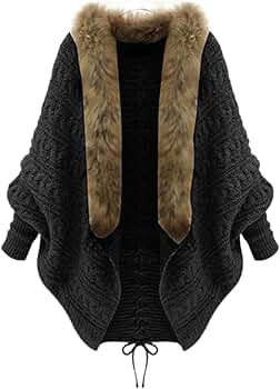 HGps8w Women's Elegant Faux Fur Collar Open Front Poncho