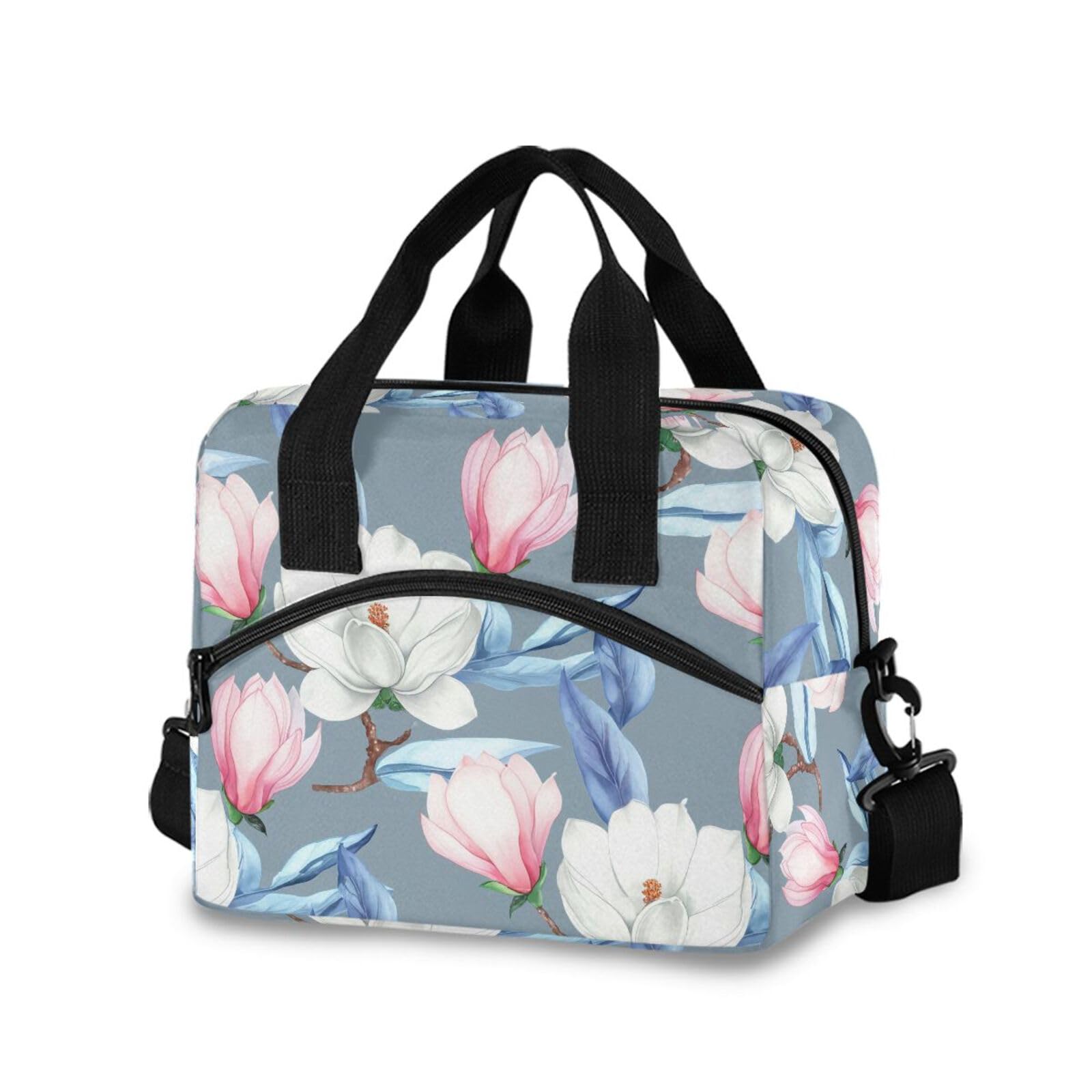 Sinestour Insulated Lunch Bag Reusable Cooler Magnolia Blossom White Lunch Box Adjustable Shoulder Strap for School Office Picnic