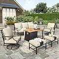 HERA'S HOUSE 6 Pieces Patio Furniture Set with Fire Pit Table, 2 x Swivel Chair, 2 x Ottoman, 3-Seat Sofa with 46" Wood Like Fire Pit Table, Outdoor Conversation Set for Garden, Poolside, Backyard
