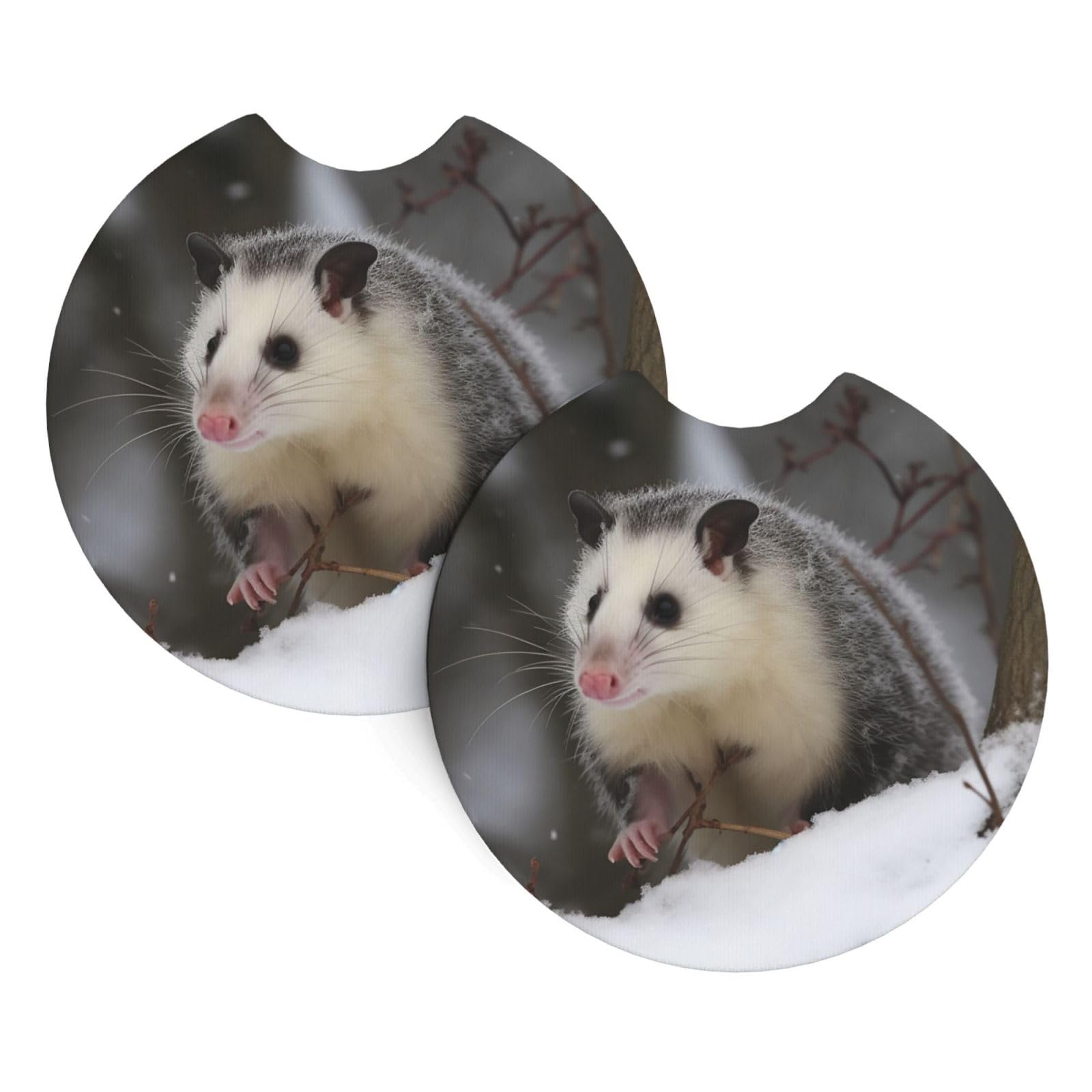 2PCS Car Coaster for Cup Holders Universal Auto Cup Mat Opossum in Snow Cup Coaster Pad 2.7" Waterproof Neoprene Non-Slip Cup Holder Coasters Car Interior Accessories for Women Men