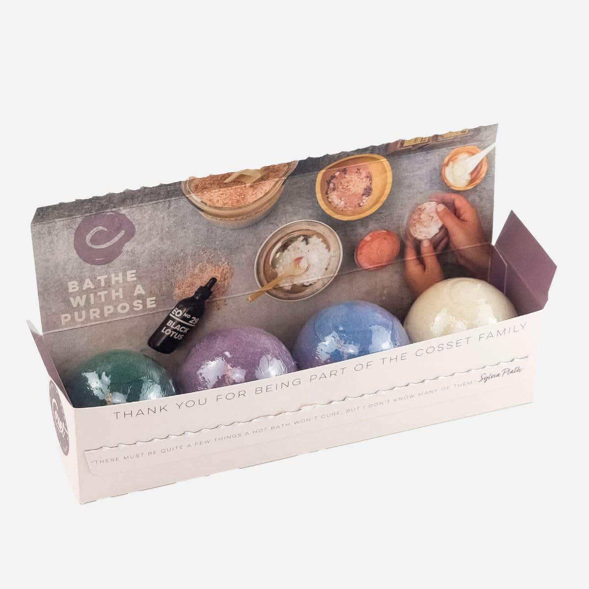 Cosset Bath Bomb - Bathe with a Purpose Gift Box Bubble Bath Bombs for Women - Therapeutic Set for Skin, Recovery, Mood, and Rest - 4pcs