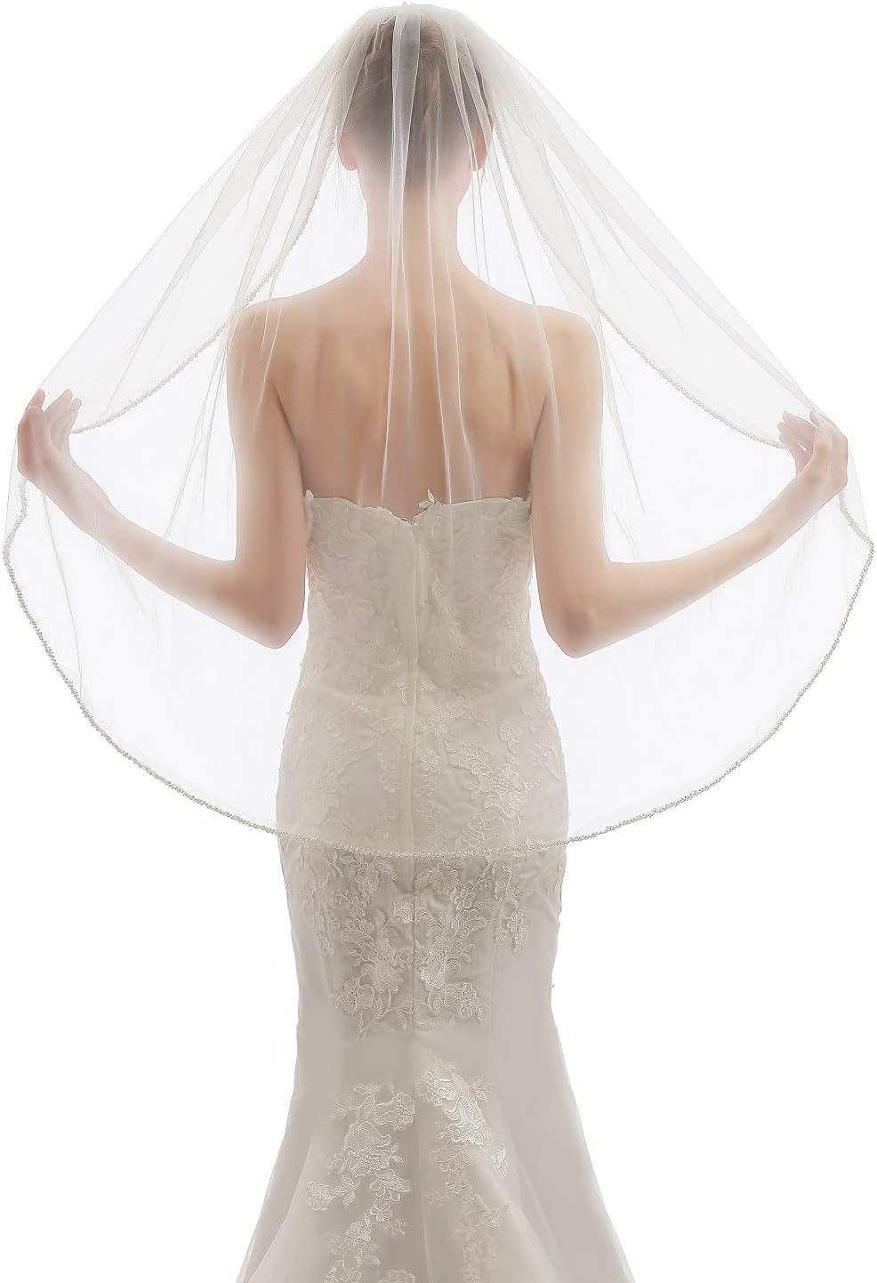 Womens 1 Tier Fingertip Length Short Crystal Beaded Wedding Bridal Veil With Comb X09 - Image 3