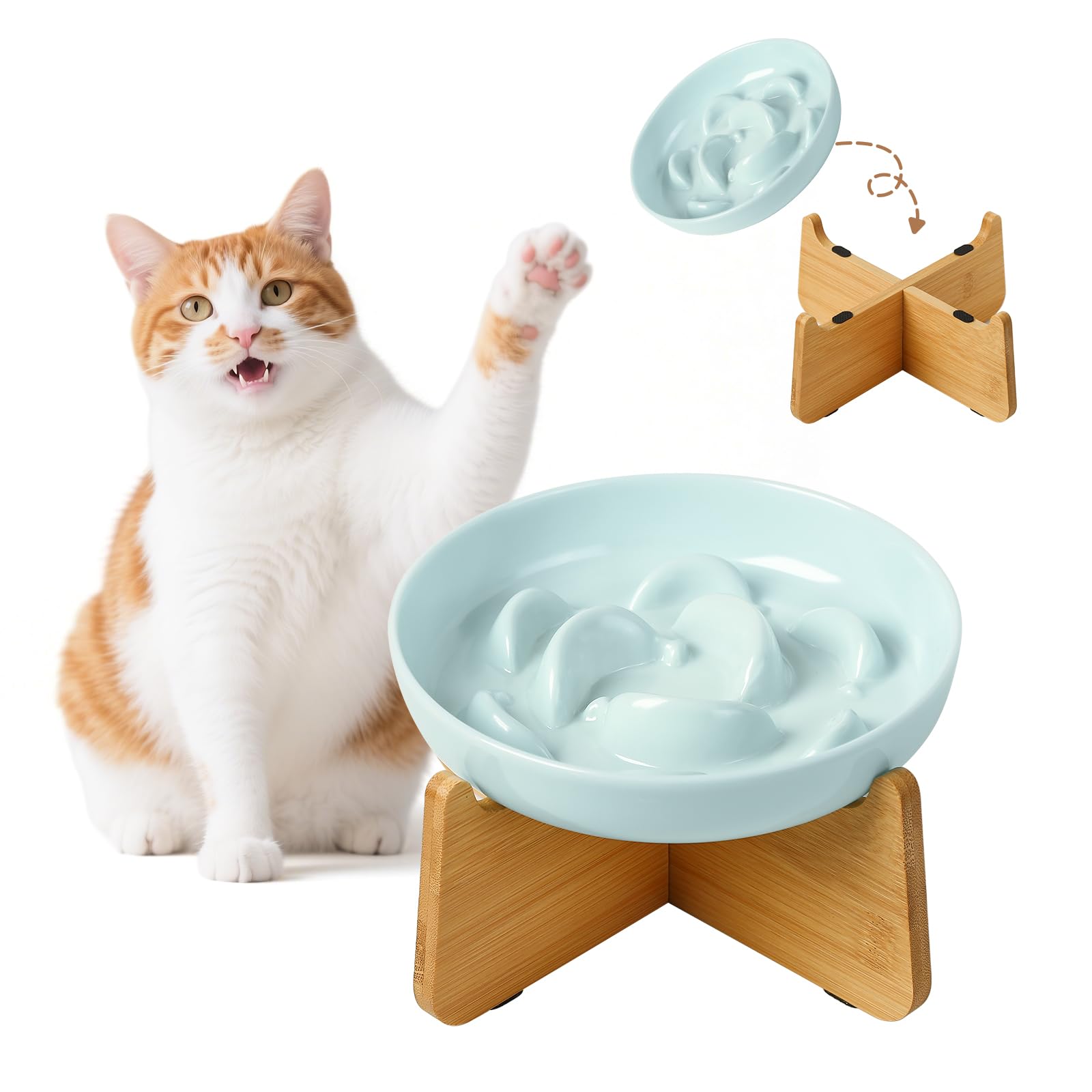 Elevated Slow Feeder Cat Bowl - Melamine Cat Food Plate with Anti-Slip Bamboo Stand - Whisker Friendly Feeding Bowl - Raised Maze Dish for Slow Eating - Pale Blue