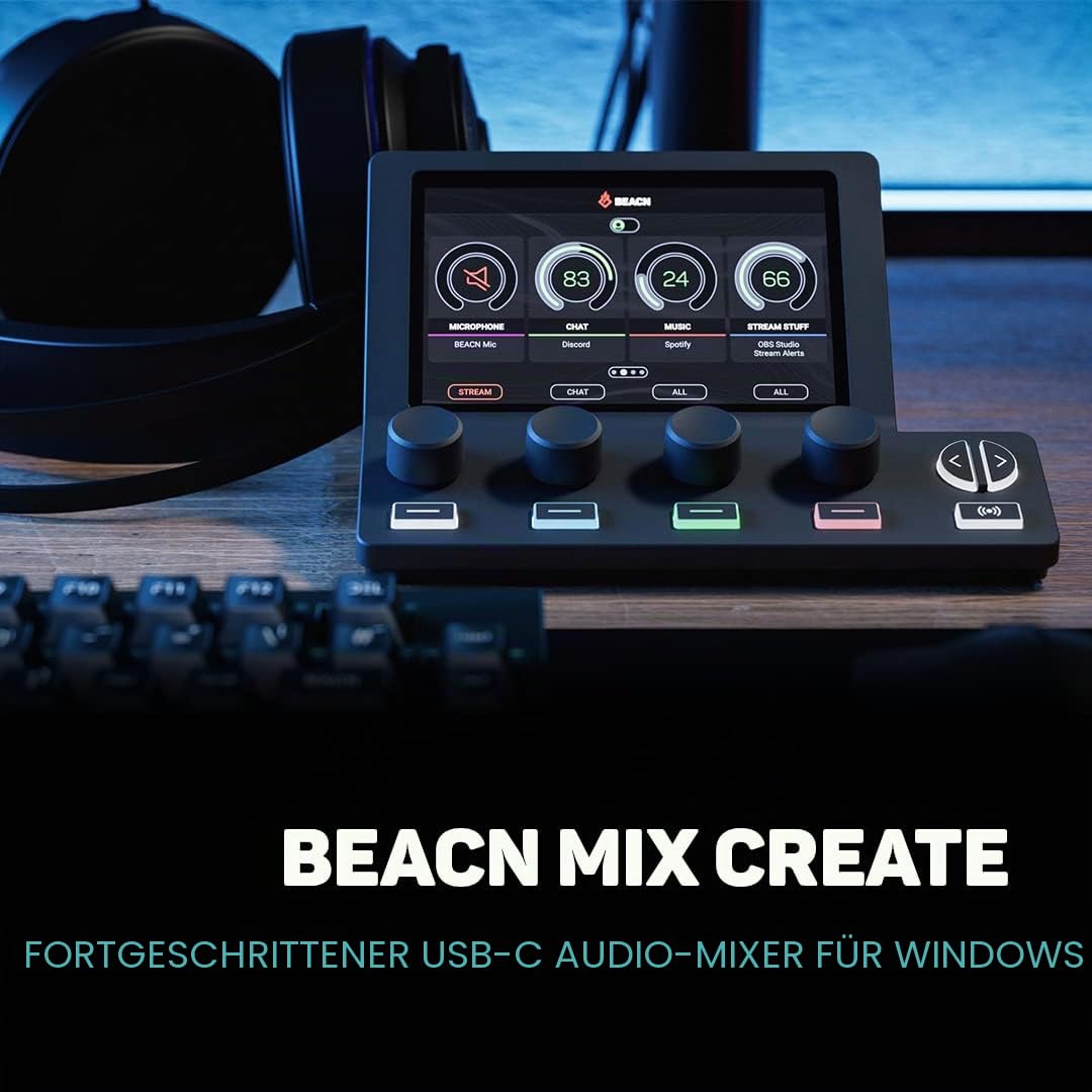 BEACN Mix Create Dark USB C Windows Audio Mixer with 5 inch Color Display, 4 Button knob Paging, Audio Routing, submixes, Mute Modes, for Content Creators, Streaming, Gaming, YouTube, Podcasting