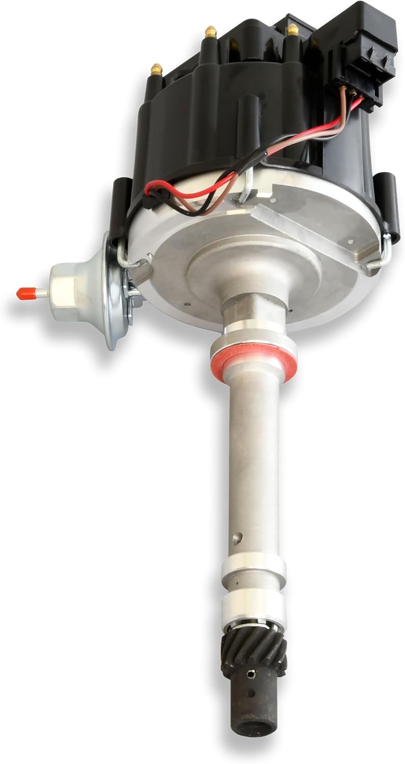 Pertronix D1060 Flame-Thrower Stock Look HEI Distributor Chevy SB/BB with adjustable vacuum advance canister high dielectric strength black cap and rotor with brass terminals