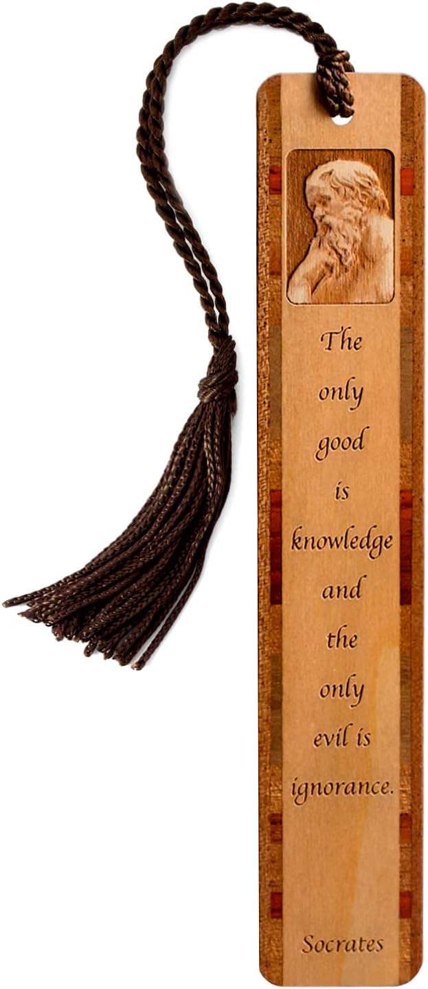 Personalized Socrates Portrait with Knowledge Quote Engraved Wooden Bookmark with Tassel - Made in USA - Also Available Without Personalization