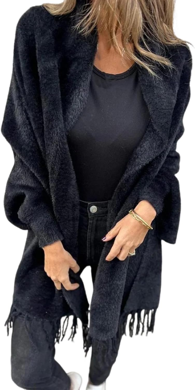 Women's Long Sleeve Casual Tassel Shawl Coat, Women's Open Front