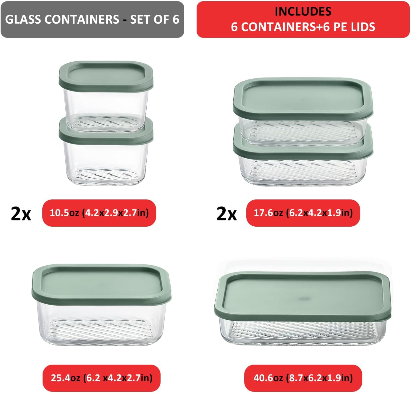 EATEX Grooved Base Glass Meal Prep Containers, 6 Pack Glass Storage Containers with Lids for Meal Prep & Lunch, Microwave Oven Freezer Dishwasher Safe, Anti Moisture Non-Stick Design - Sage Green image 2