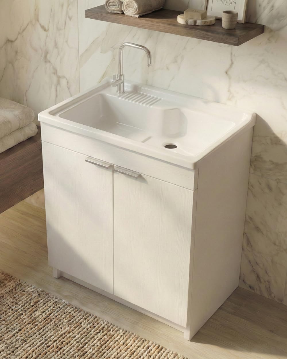 Delmar Mobile Lavatoio in Legno Nobilitato, Bianco, 75x60 cm Altezza 85 cm, Con Sportello Push e Lavabo Pila Pilozzo in Resina, Made in Italy, Già Montato per Bagno e Lavanderia