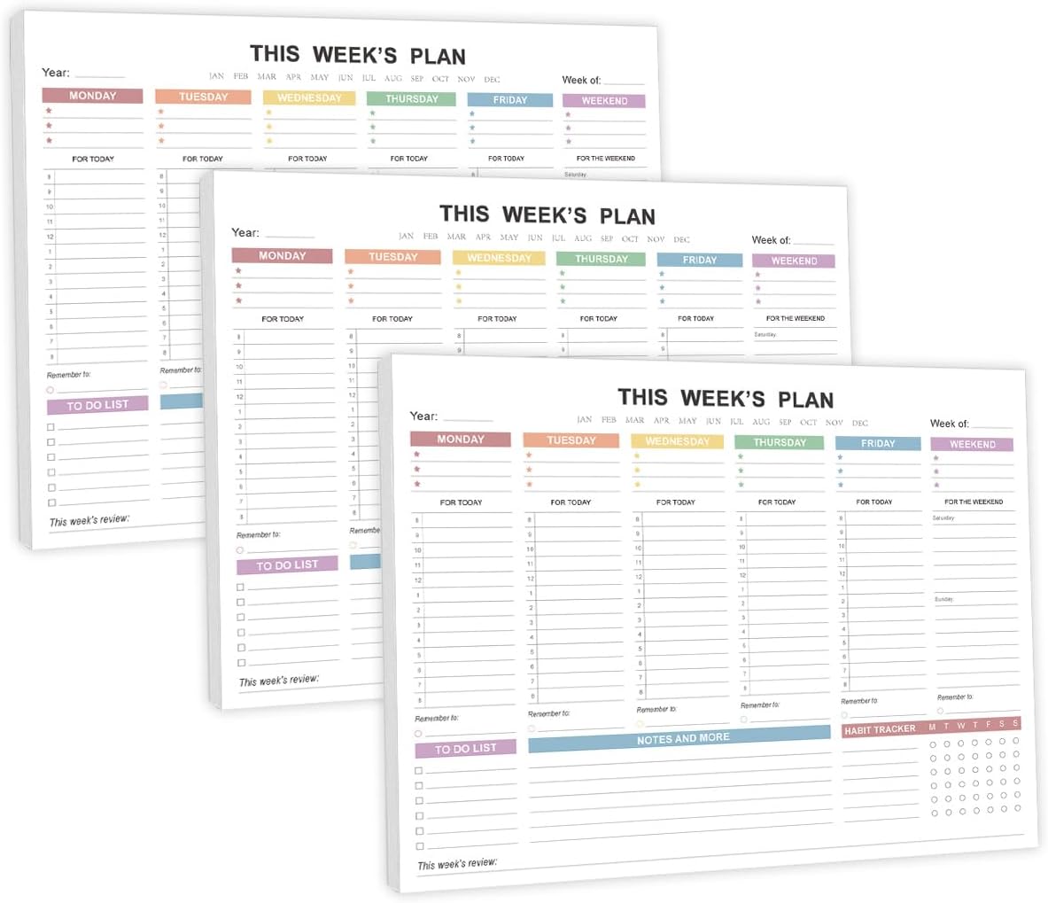 (3-Pack) Weekly Planner Undated - Tear Off Weekly To Do List Notepad with 52 Weeks(52 sheets), Desk Supplies for Women & Man, Home, School & Office, 8.5'' x 11'', Colorful