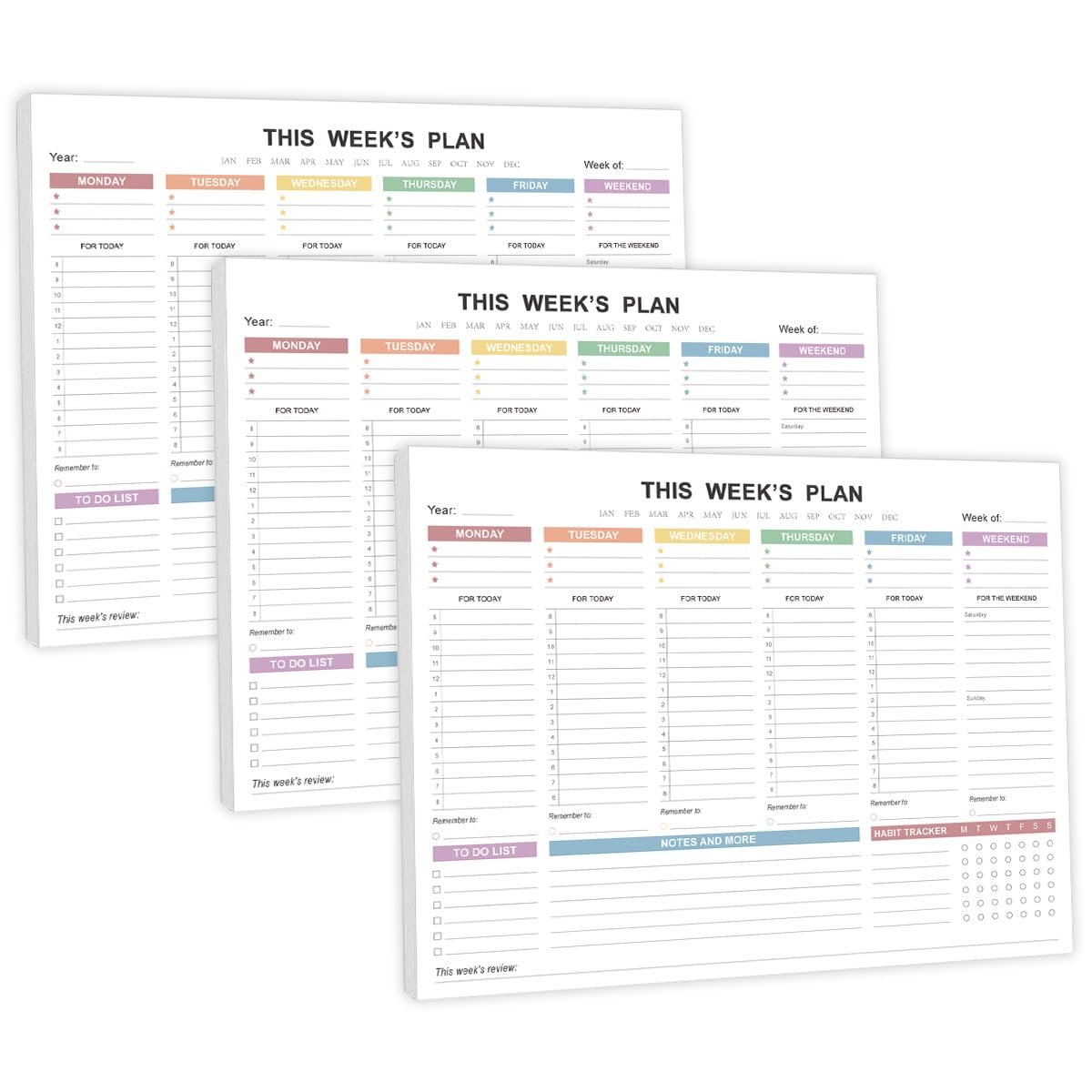 (3-Pack) Weekly Planner Undated - Tear Off Weekly To Do List Notepad with 52 Weeks(52 sheets), Desk Supplies for Women & Man, Home, School & Office, 8.5'' x 11'', Colorful