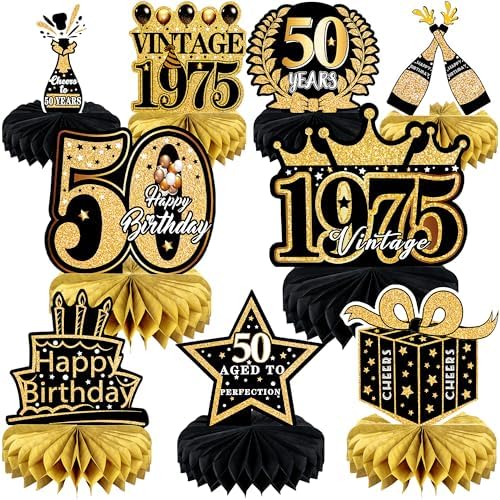 9 Pcs 50th Birthday Decoration for Men Women 50th Birthday Table Decorations Cheers to 50th Birthday Honeycomb Centerpieces 1975 Table Topper Black and Gold 50th Birthday Party Favors