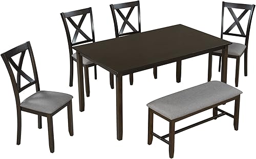 Miniatura 8 de LUMISOL Juego de mesa de comedor de 6 piezas, mesa de comedor rectangular de 60 pulgadas con sillas tapizadas y banco, juego de mesa de cocina de