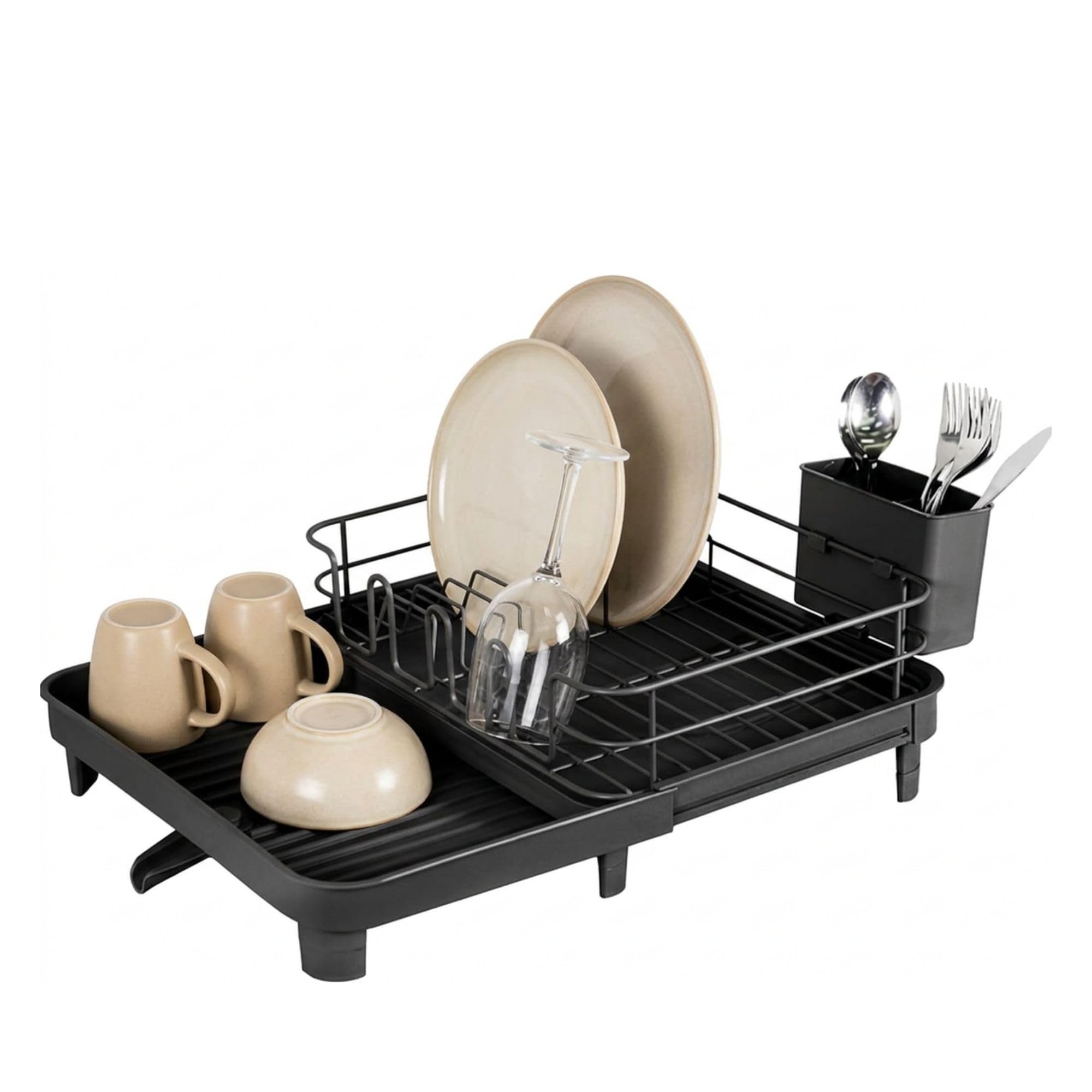 Amig Escurreplatos Extensible con Desagüe Negro Vika | Patas antideslizantes. Bandeja de goteo. Extensible de 31 a 52 cm. Acero y polipropileno.
