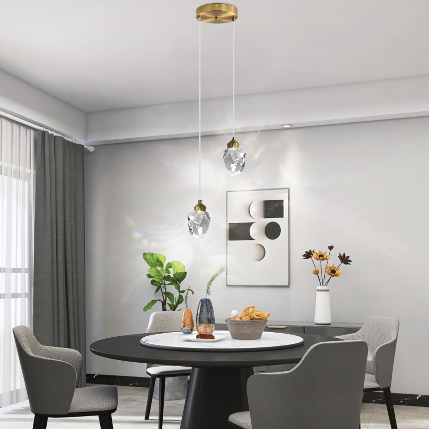 Luz Colgante De Cristal Moderno LED 3 Colores 2-Head Para Isla Cocina Sala Estar Dorado