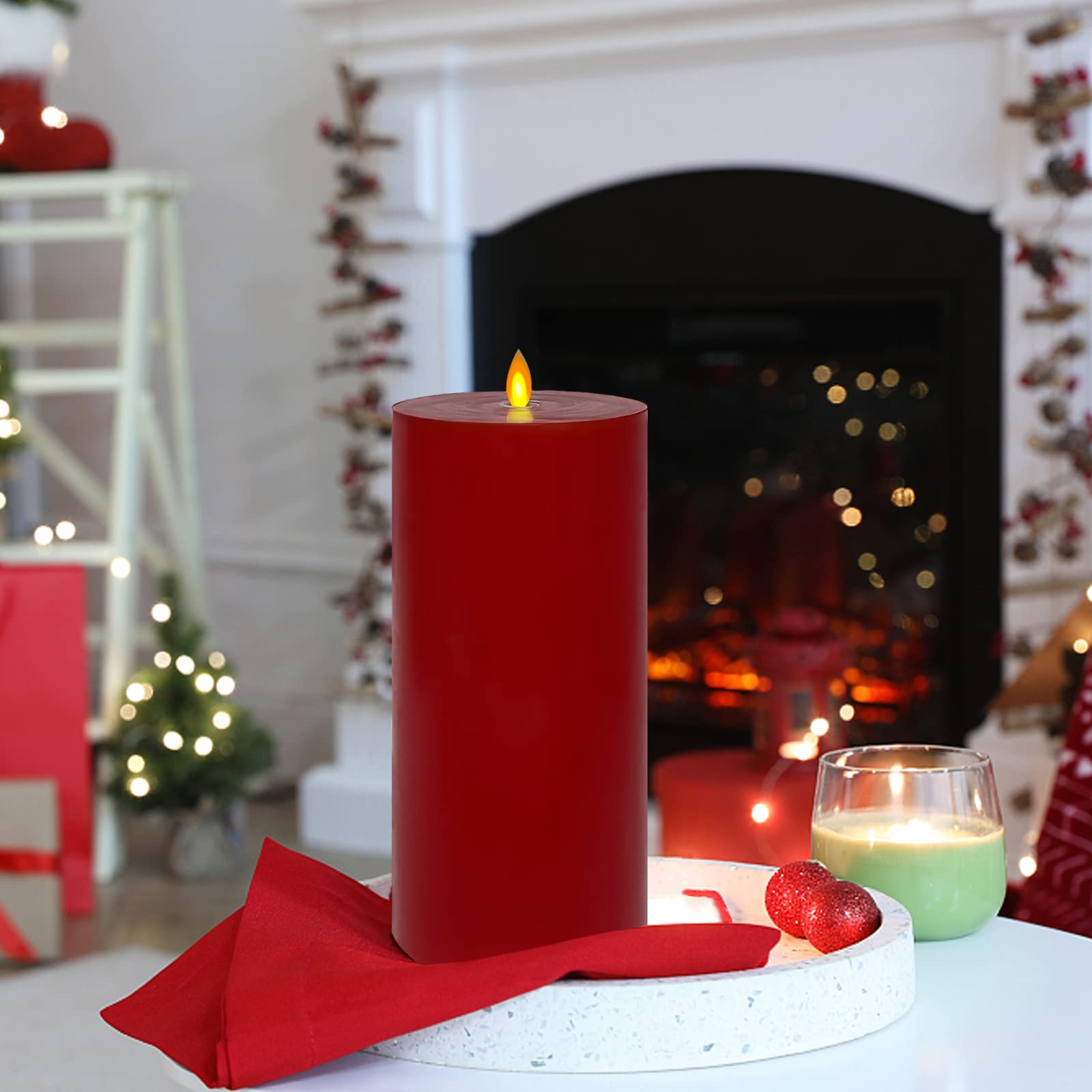 Evenice Flameless Candle Flickering, Large Pillar Candles, Moving Flame Real Wax Candles with Remote Timer - Red 2 Pack(4" x 8")