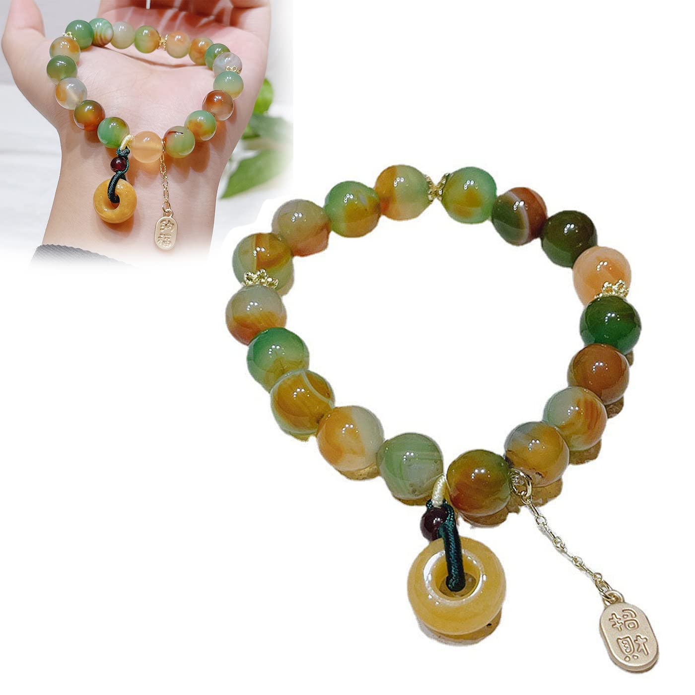 Oos Women's 1Pc Natural Colorful Agate Bracelet, Natural Energy Stone Beads Peacock Agate Topaz Bracelet, Healing Chakras Agate Crystal Lucky Bracelets For Men Jewelry Gift (1Pc)