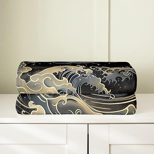 Miniatura 4 de Erosebridal Japanese Great Waves Flannel Blanket Queen Inch Asian Sea Wave Fleece Blanket Nautical Black Gold Clouds Fuzzy Plush Throw Vintage Retro