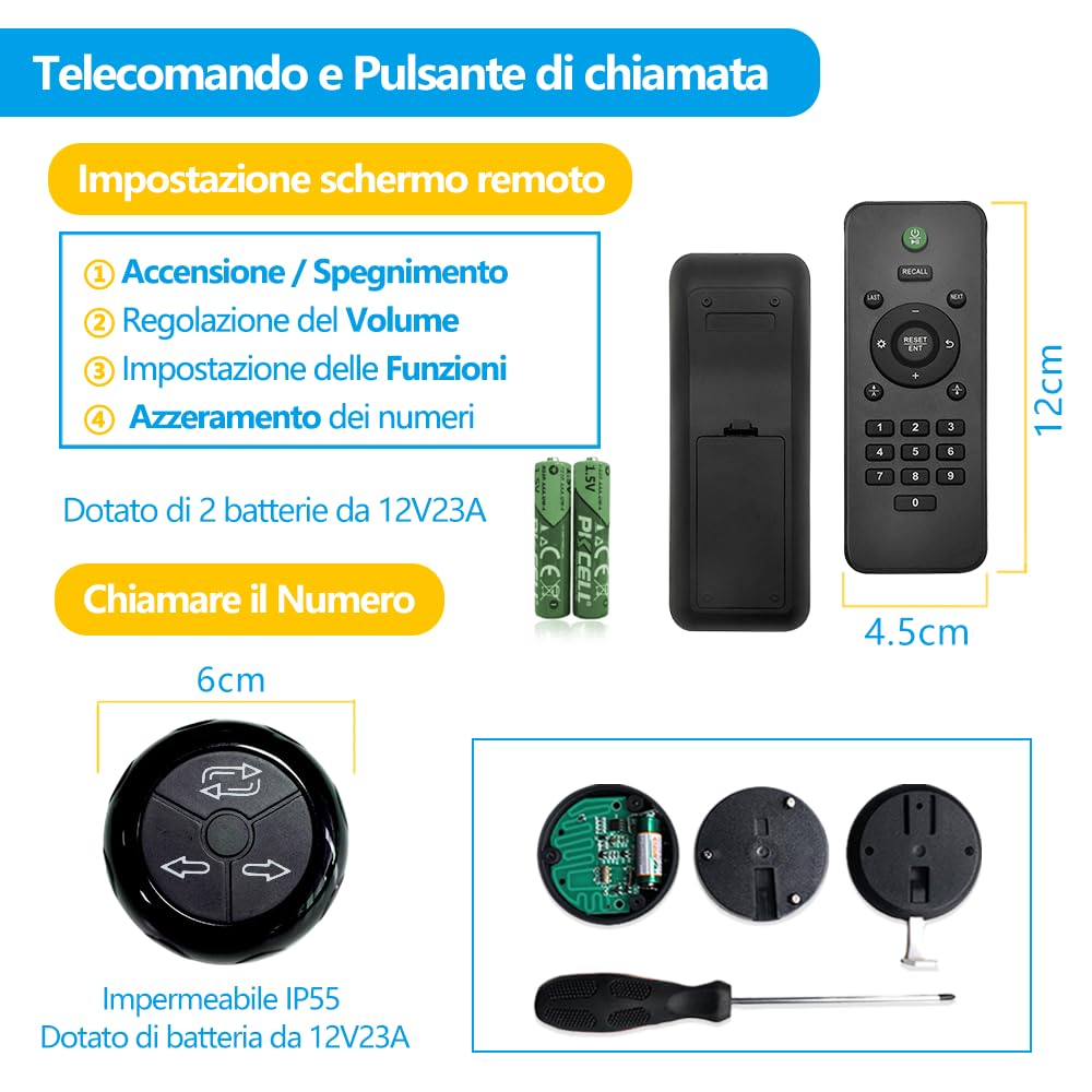 Eliminacode Digitale (Chiamata in Italiano) | Eliminacode Display (3 Cifre)+ Chiocciola Eliminacode+ Rotolo Numeri Coda +2 Pulsante di chiamata (3 Tasti)+Telecomando