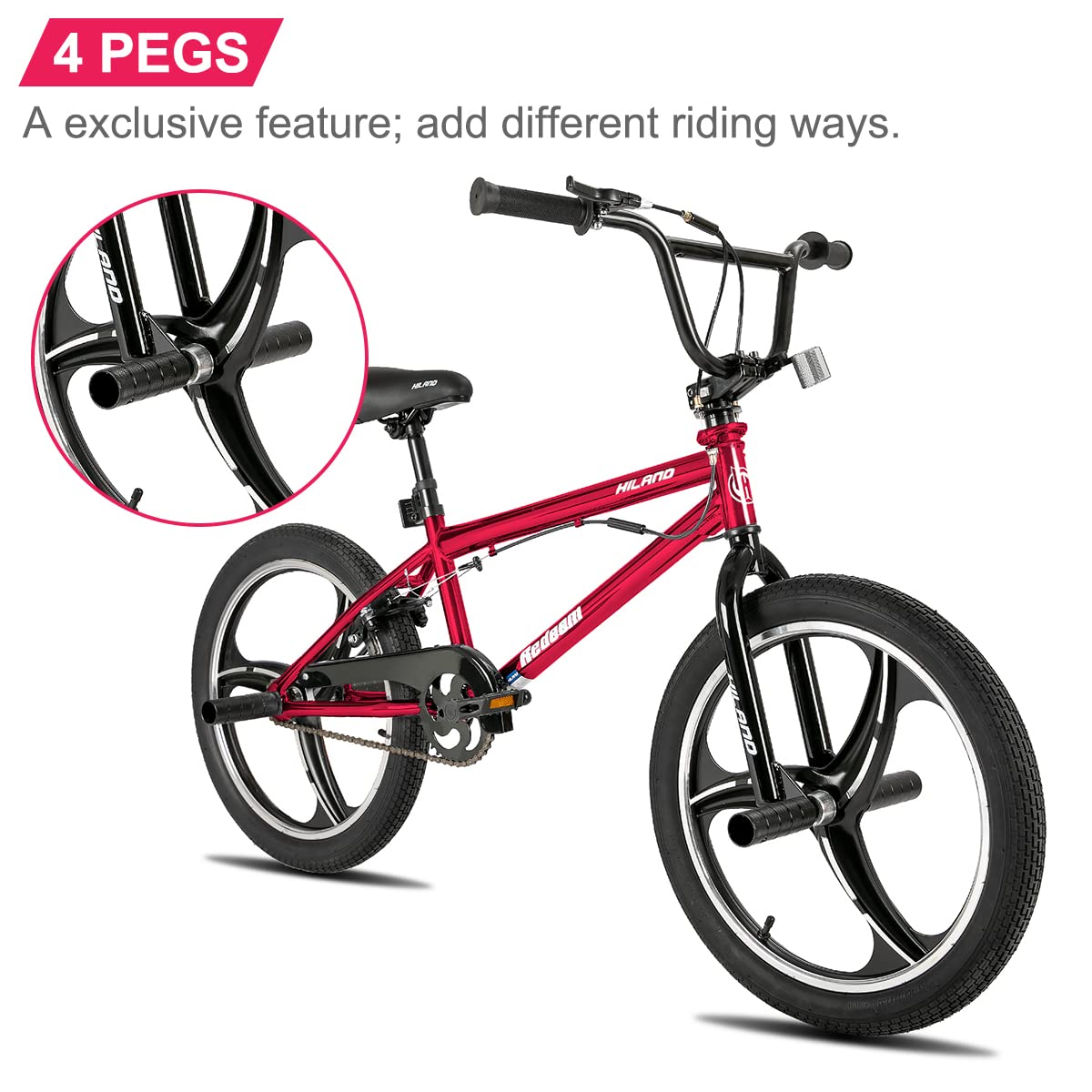 HILAND Bicicletta BMX da 20 pollici a 3 raggi，rotore da 360 gradi per Stile Libero，bicicletta BMX a 4 perni per Allenamento e acrobazie，Rosso