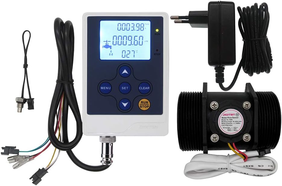 LCD Display Water Flow Control Meter Liquid Quantitative Controller + G2" 2 inch Water Flow Hall Sensor Meter Flowmeter Control 10-200L/min + DC 12V Power Adapter