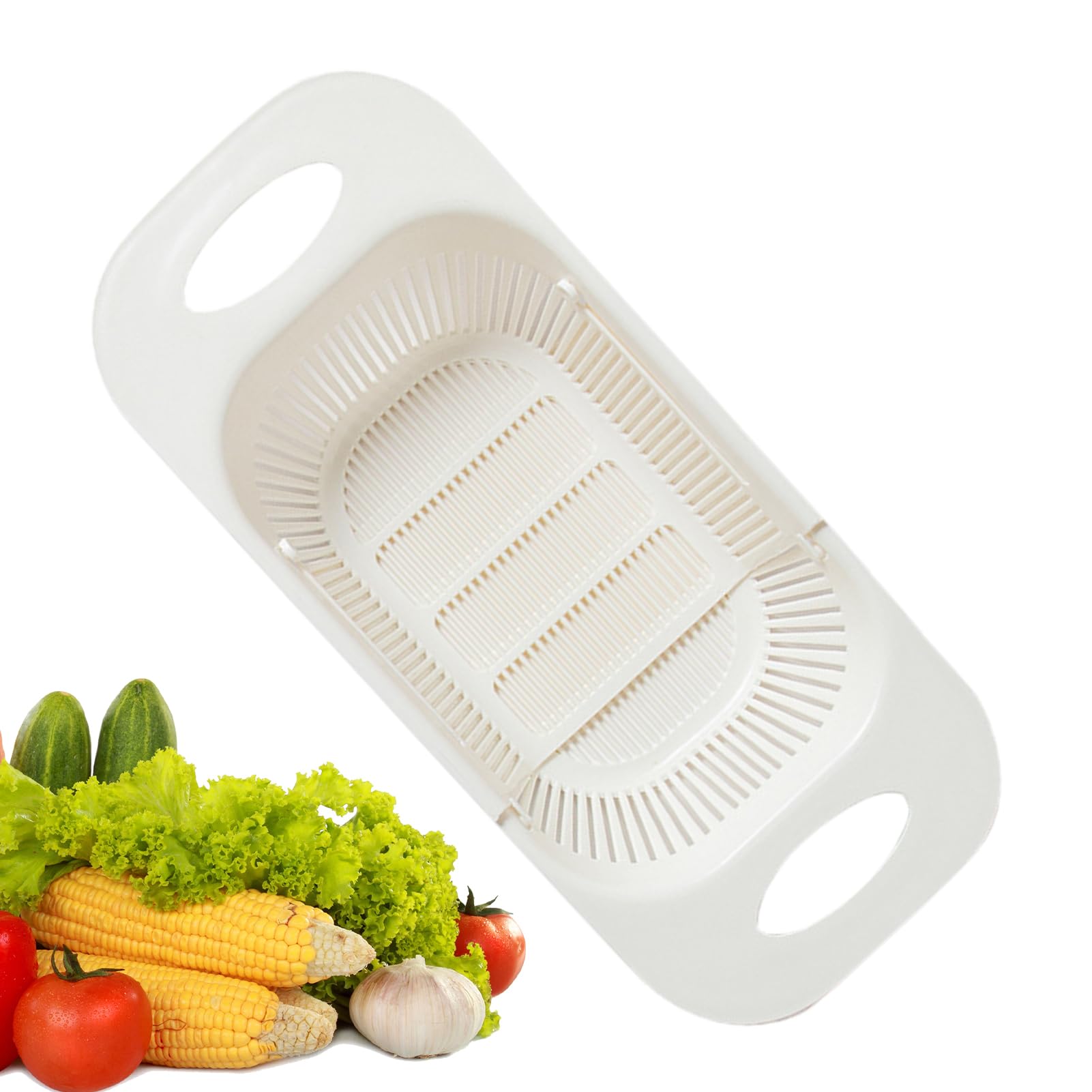 Fukamou White Telescopic Drain Basket | Adjustable Sink Strainer | Expandable Over The Sink Colander, Ergonomic Fruit Vegetable Strainer, Colander Strainer Over The Sink