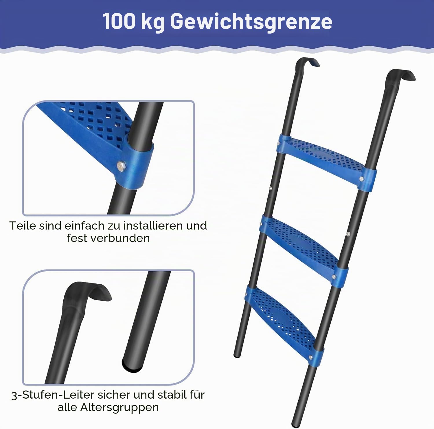 Trampolin Leiter, 107 cm lang, 3-stufige Trampolinleiter, Trampolin zubehör, flexibel montierbar UV-beständig rutschfeste Sicherheitsleiter (3 Stufen, Blau)