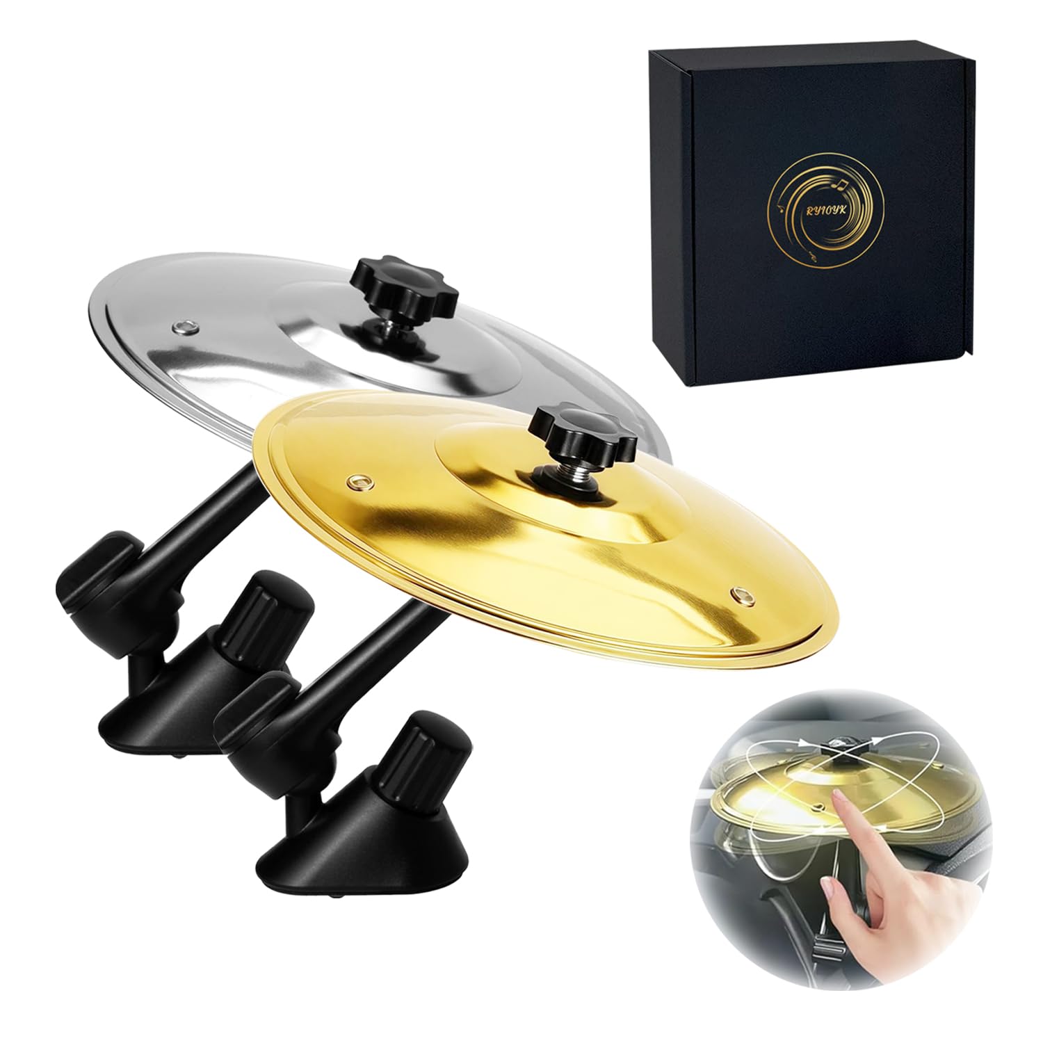 2-teilige Mini-Auto-Trommel und Entlüftungsclip im Becken-Stil – ein lustiges Armaturenbrett-Musikzubehör für Musik-Enthusiasten, geeignet für die meisten Fahrzeuge (Gold und Silber)