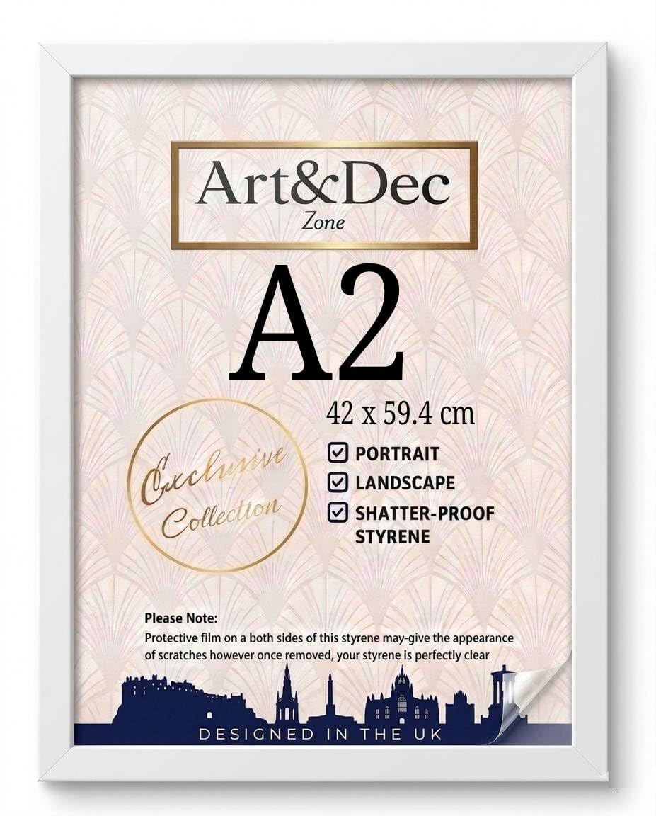 Art & Dec Zone® Elegant White MDF Picture Frame A2 42 x 59.4 cm – High-Clarity Shatter-Proof Acrylic Poster Holder for Modern Wall Decor