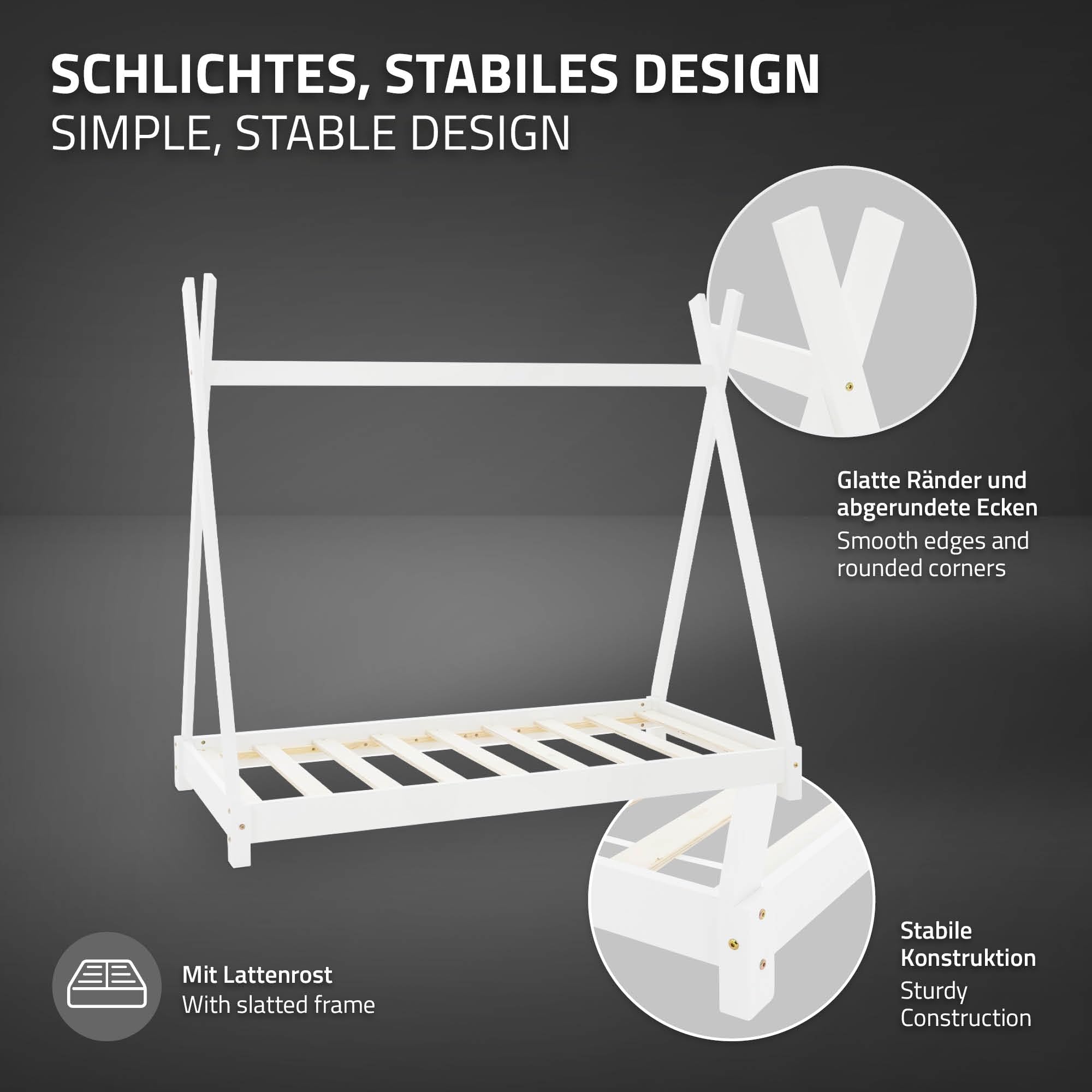 ML-Design Kinderbett Tipi 70x140 cm Weiß mit Matratze & Lattenrost, Indianer Bett aus Kiefernholz, Hausbett für Mädchen & Jungen, Bodenbett Kinderhaus Jugendbett Holzbett Bettenhaus Spielbett Zelt