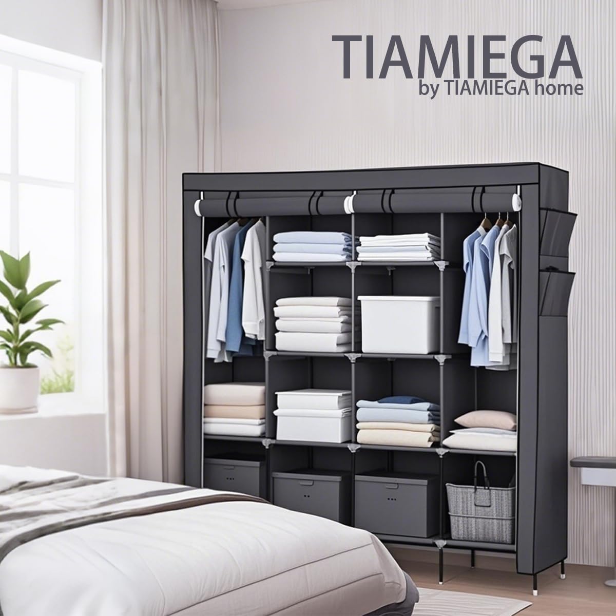 Portable Closet, Wardrobe with 12 Shelves, 2 Adjustable Hanging Rod and 4 Side Pockets, Dustproof Waterproof Cover, Space-Saving, Large Clothes Organizer for Apartments, Bedroom, Grey