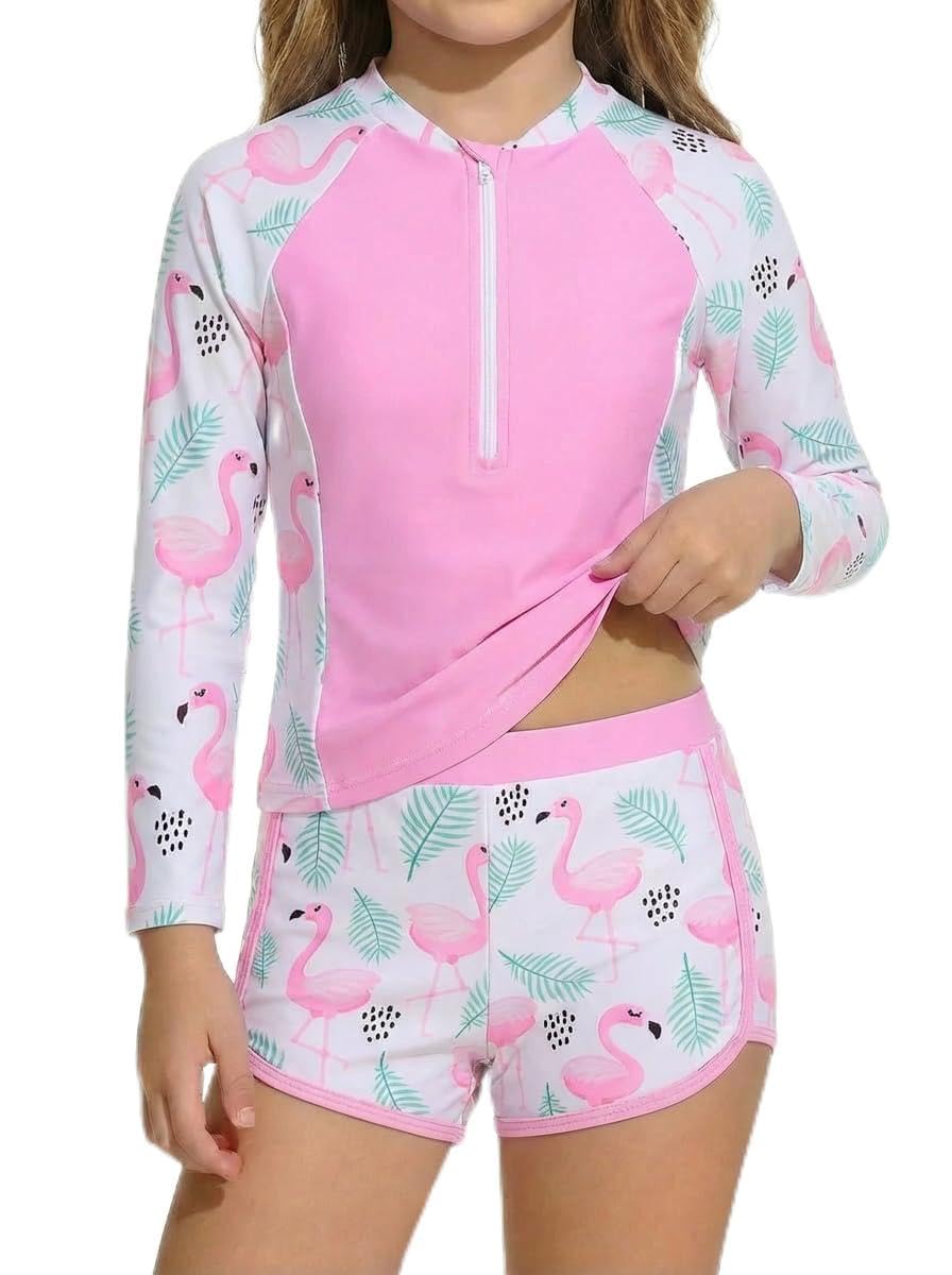 JiAmy Traje de baño de 2 piezas para niñas, conjunto de camiseta de manga larga, protección solar UV, traje de baño con pantalones cortos, media cremallera, teñido anudado, sirena, unicornio, flamenco