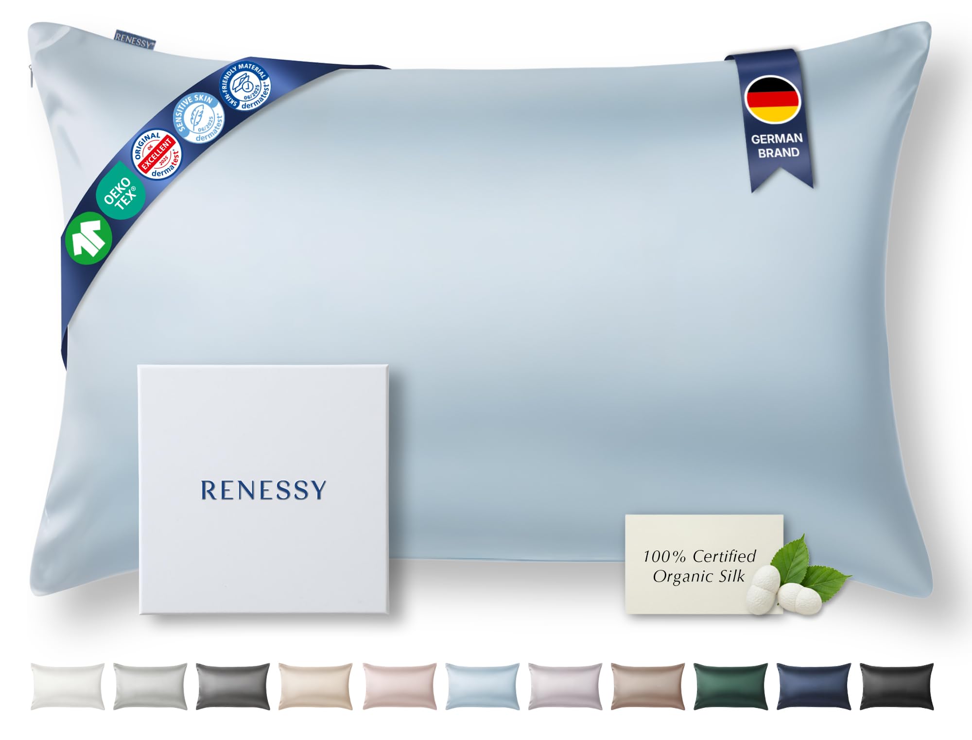 RENESSY Premium Silk Pillowcase 100% Organic Mulberry Silk, 22 Momme, Grade 6A - Oeko-Tex Certified in Germany - Luxury for Hair & Skin, 1 Piece (