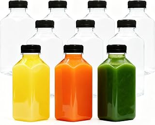 12oz 10pcs Empty Plastic Juice Bottles with Caps,Juice Containers for Juice, Milk and Other Beverages,Clear Juicing Bottles for Food Grade.