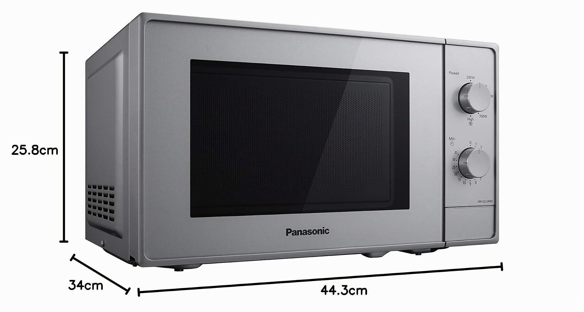 Panasonic NN-E22JMMEPG | Four Micro-ondes Solo, 20 L, 5 niveaux de puissance : 800W/700W/360W/270W/200W, Plateau tournant 25,5 cm, Intérieur acrylique, Argent – Version FR