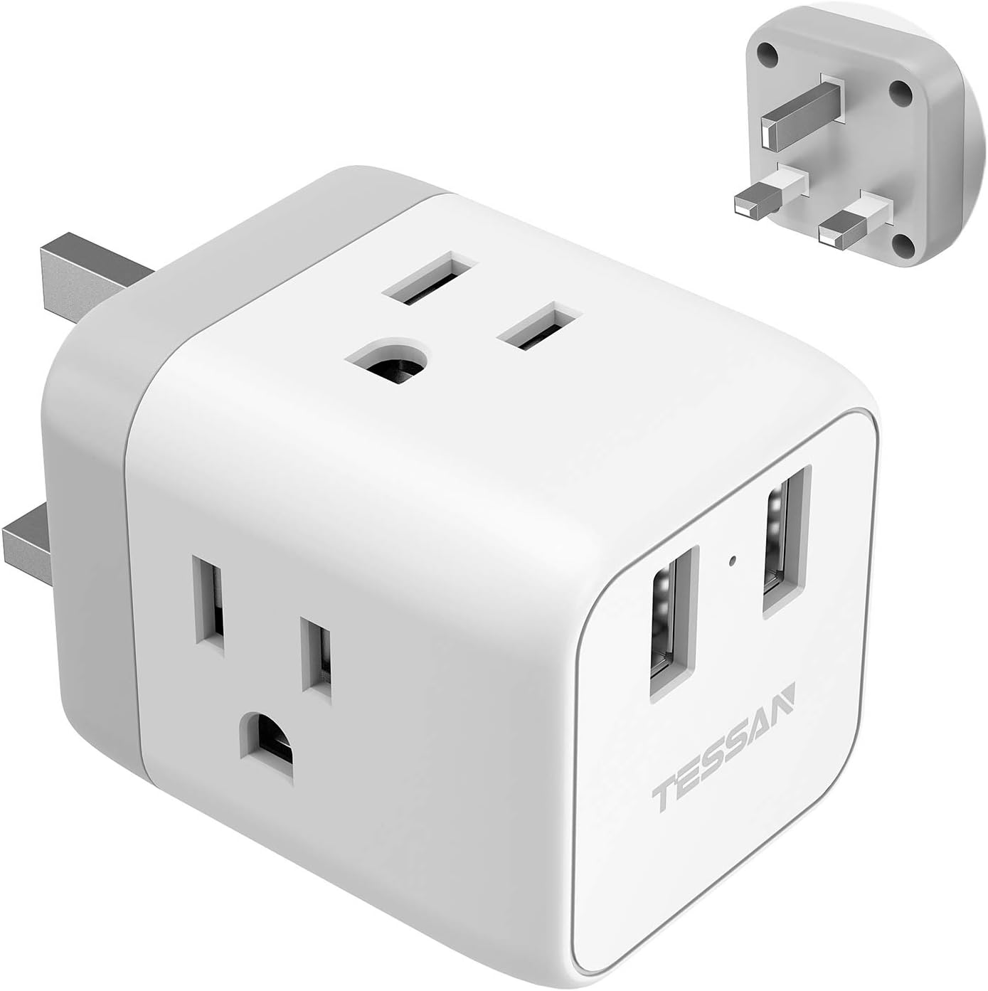 TESSAN US to UK Plug Adapter, Type G UK Travel Plug Adapter, Ireland Scotland Dubai Power Adaptor with 3 Outlets and 2 USB Ports, USA to England London British Qatar Kenya Outlet
