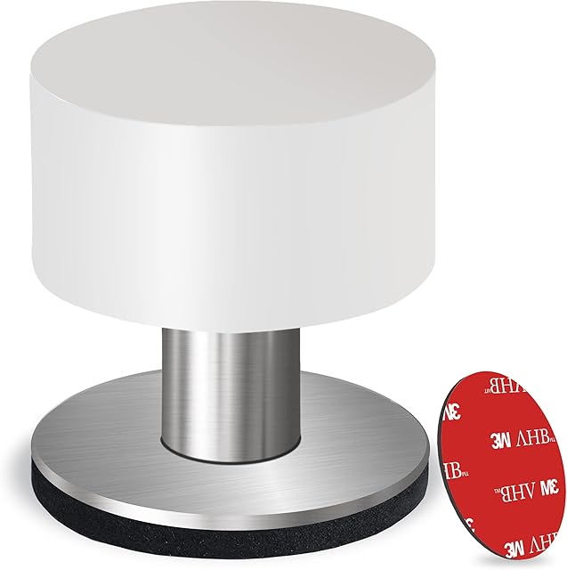Pack of 1 Door Stop with Extra Sticker, Self-Adhesive Door Stopper with White Rubber & Stainless Steel Body - Heavy Duty Sound Dampening Door Bumper for Home & Office Use