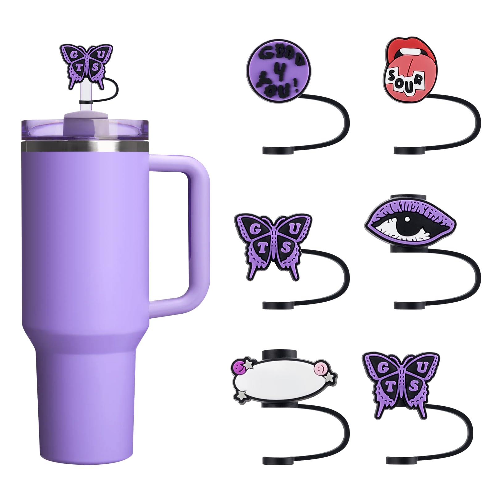 6Pcs 10mm/0.4in Diameter Silicone Straw Cover Compatible with Stanley 40 Oz Cup, Cute Straw Toppers for Stanley 40 Oz Tumbler, Dust-Proof, Purple