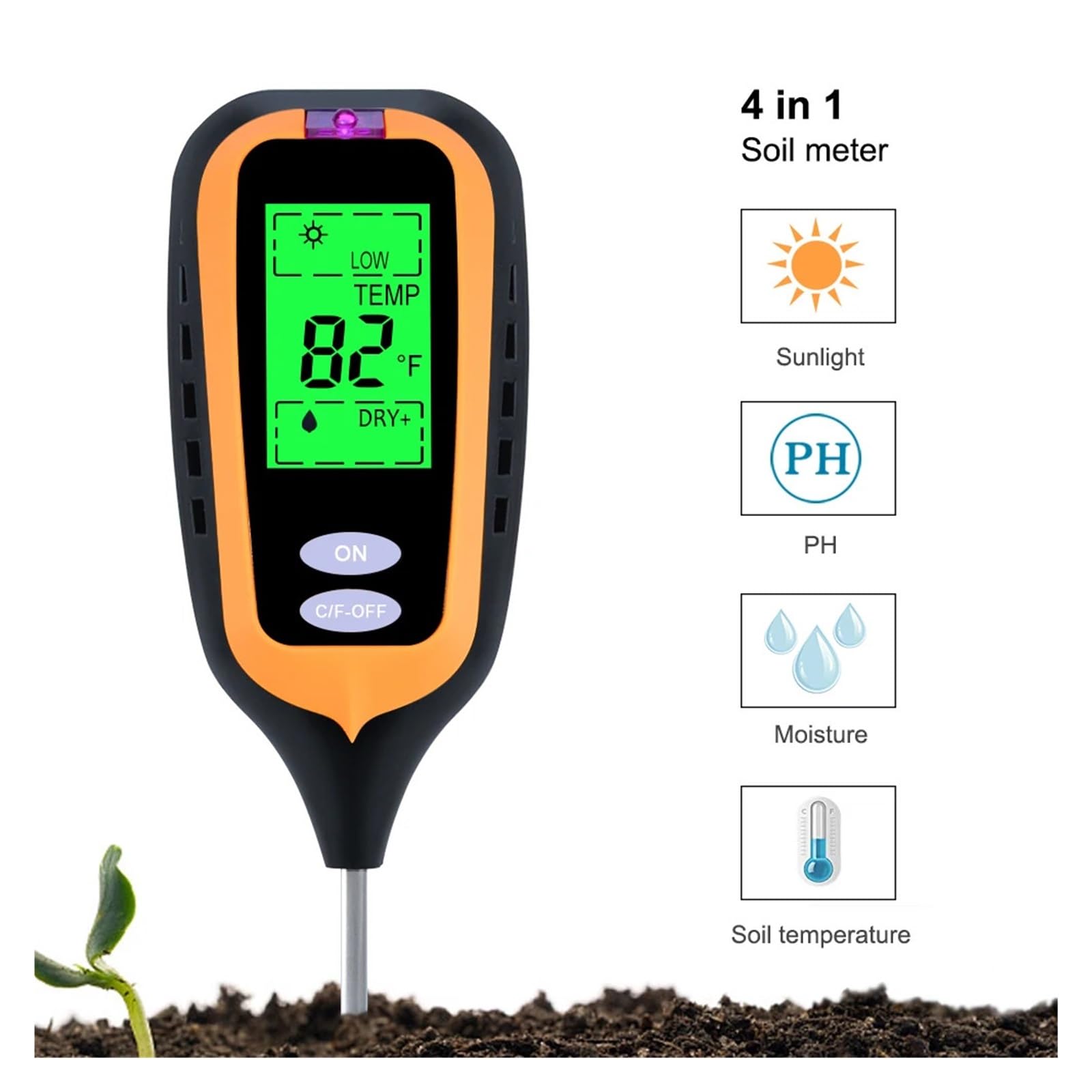 Misuratore Digitale Di Umidità Del Suolo 4 IN 1 PH Temperatura Tester Della Luce Solare For Piante Da Giardino Agricole Con Display LCD Letture Precise